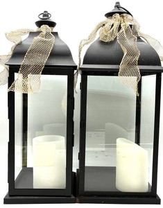 Black Metal Glass Lanterns With Hanging Rings (Lot of 2)