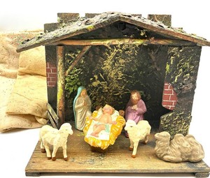 Handcrafted-Style Nativity Creche Scene With Stable and Figures