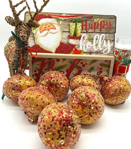 Christmas Decor Mixed Lot - Sequin Ornaments, Wicker Reindeer & Signs