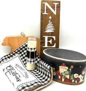 Christmas Decor Mixed Lot - Kringle Farms Runner, Candle, Hatbox & Signs