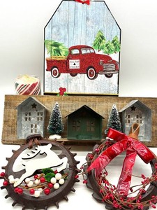 Christmas Decor Mixed Lot - 5 Pieces, Village Shelf, Truck Sign & Wreaths