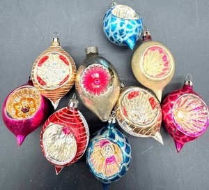Vintage Glass Christmas Reflector Ornaments - 9-Piece Assortment including Germany and Shiny Brite
