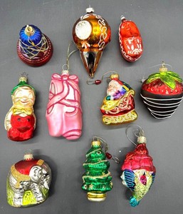 Vintage Assorted Feather Tree Glass Christmas Ornaments - 10-Piece Mixed Lot