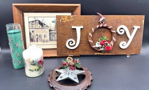 Christmas Decor Mixed Lot - Joy Sign, Framed Art, Candles & Wreath