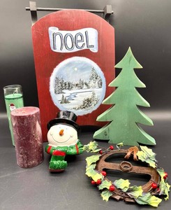 Christmas Decor Mixed Lot - Noel Sign, Tree, Snowman, Candles & Wreath
