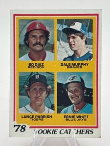 1978 Topps Baseball Rookie Catchers Baseball Card Featuring Bo Diaz, Dale Murphy, Lance Parrish, and Ernie Whitt #708