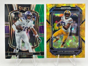Lot of 2 Justin Jefferson Football Cards Including 2025 Panini Select Premier Level GreenBlack Shock Prizm #163 and 2023 Panini Prizm Draft Picks Gold Cracked Ice #61