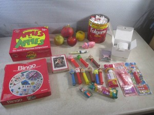 (BR3) Lot of Misc Including Vintage Building Blocks, Pez Dispensers, Games, Faux Fruit Etc