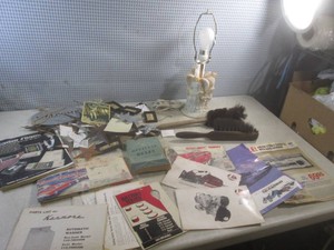 (BR3) Assorted Vintage Manuals Ads Etc, Angel Lamp, Vintage Brushes and New Small Metal Decor