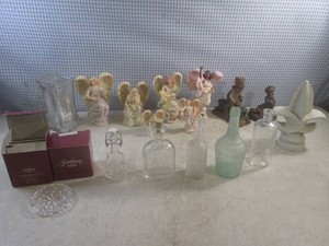 (BR3) Assorted Figurines, Vintage Glass Bottles, Set of Crystal Glass Coasters Etc