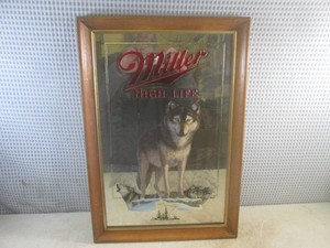 (A-4) Vintage Miller High Life Wildlife Series The Timber Wolf Framed Mirror 15 12 x 22 12