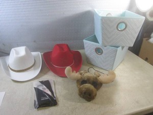 (A-3) 2 Cowboy Hats, 2 Organizer Baskets, Moose Head Binoculars and Phone Case