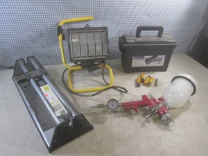 (G-1) Ammo Box with a Couple Rounds, Spray Gun, Work Light and Tile Cutter