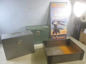 (BR1) Metal Sign, Tray and 2 Vintage File Boxes
