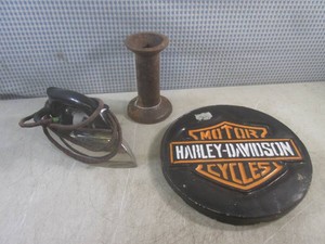 (CS) Round Harley Davidson Wall Decor 11 12 , Vintage Iron and Antique Cast Iron Disc Harrow Spool
