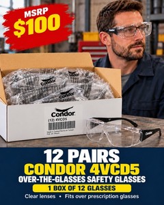 MSRP $100 NEW CONDOR CLEAR OVER-THE-GLASSES SAFETY GLASSES, MODEL 4VCD5, 1 BOX  12 PAIRS - PROTECTIVE EYEWEAR DESIGNED TO FIT OVER PRESCRIPTION GLASSES