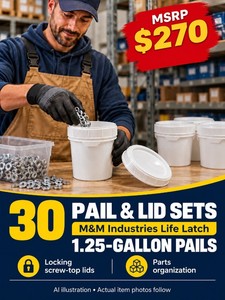 MSRP $270 NEW M&ampM INDUSTRIES LIFE LATCH 1.25-GALLON PAILS, 30 PAIL &amp LID SETS - LOCKING SCREW-TOP LIDS, REUSABLE CONTAINERS FOR BULK STORAGE &amp ORGANIZATION