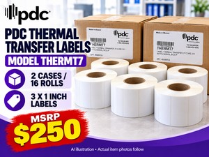 MSRP $250 NEW 2 CASES  16 ROLLS PDC THERMAL TRANSFER LABEL ROLLS, MODEL THERMT7, LABELING SUPPLIES FOR COMPATIBLE THERMAL TRANSFER PRINTERS, KEEP RECORDS &amp SUPPLIES ORGANIZED