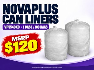 MSRP $120 NEW NOVAPLUS CLEAR TRASH CAN LINERS, MODEL VP5540XC, 1 CASE  100 BAGS - 44 X 55, 1.5 MIL EXTRA-HEAVY-DUTY LINERS FOR COMMERCIAL WASTE COLLECTION