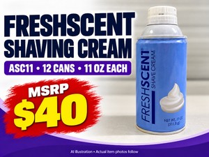 MSRP $40 NEW FRESHSCENT SHAVING CREAM, MODEL ASC11, 1 CASE  12 CANS, 11 OZ EACH - PERSONAL CARE SUPPLIES FOR SHAVING, GUEST AMENITIES &amp FACILITY STOCK