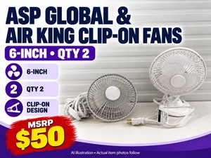 MSRP $50 ASP GLOBAL &amp AIR KING 6-INCH CLIP-ON FANS, QTY 2 - COMPACT FANS THAT CLIP TO SUITABLE SURFACES FOR PERSONAL AIRFLOW AT DESKS &amp WORK AREAS BOTH WORK GREAT