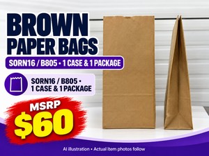 MSRP $60 NEW RECYCLED NATURAL SOS &amp ASSORTED BROWN PAPER BAGS, MODELS SORN16  B805, 1 CASE &amp 1 PACKAGE - MIXED BAG LOT FOR PACKING, CARRYOUT &amp SUPPLY ORGANIZATION