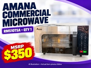 MSRP $350 AMANA STAINLESS STEEL COMMERCIAL MICROWAVE OVEN, MODEL RMS10TSA, QTY 1 - COUNTERTOP MICROWAVE FOR CONVENIENT FOOD HEATING IN BREAKROOMS &amp FOOD-SERVICE AREAS GREAT WORKING CONDITION