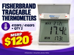 MSRP $120 NEW FISHERBRAND TRACEABLE DIGITAL THERMOMETERS, MODELS 4159FS  4160FS, QTY 2 - DIGITAL TEMPERATURE MONITORING WITH EASY-TO-READ DISPLAYS