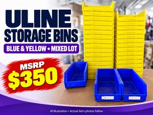 MSRP $350 ULINE BLUE STORAGE BINS &amp YELLOW SHELF BINS, MIXED LOT - OPEN-FRONT STORAGE FOR SORTING SMALL PARTS, TOOLS &amp SUPPLIES, KEEP SHELVES ORGANIZED - SEE PICTURES FOR MODEL #S