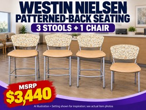 MSRP $3,440 HIGH QUALITY WESTIN-NIELSEN SITA 605-24XL PLUS SIZE HEAVY DUTY MEDICAL HIP CHAIRS STOOLS, 750 LB DROP TEST, 3 - 24 COUNTER HEIGHT STOOLS &amp 1 CHAIR, UPHOLSTERED SEATS &amp BACKS, FOOTRESTS CLINIC, REHAB &amp PT SEATING - EXCELLENT