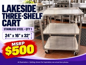 MSRP $500 LAKESIDE STAINLESS STEEL THREE-SHELF CART, MODEL 311, 24 x 16 x 32 INCHES - MOBILE UTILITY CART FOR MOVING &amp ORGANIZING SUPPLIES, 300-LB RATED CAPACITY - GREAT CONDITION