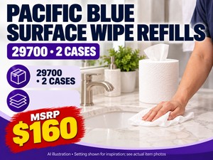 MSRP $160 2 CASES GEORGIA-PACIFIC PACIFIC BLUE SURFACE WIPE REFILLS, MODEL 29700, REFILL ROLLS FOR COMPATIBLE WIPE DISPENSERS, CONVENIENT SURFACE CLEANING SUPPLIES