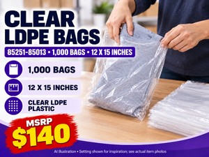 MSRP $140 NEW CLEAR LDPE BAGS, MODEL 85251-85013, 1 CASE  1,000 BAGS, 12 X 15 INCHES, 2 MIL - CLEAR PLASTIC PACKAGING FOR SORTING, CONTAINING &amp ORGANIZING SUPPLIES