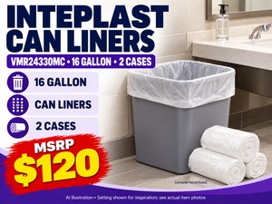 MSRP $120 NEW INTEPLAST WHITE CAN LINERS, MODEL VMR24330MC, 2 CASES - 16-GALLON TRASH BAGS FOR ROUTINE WASTE COLLECTION IN OFFICES, RESTROOMS &amp FACILITIES