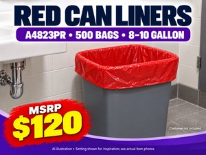 MSRP $120 NEW RED CAN LINERS, MODEL A4823PR, 1 BOX  500 BAGS - 8-10 GALLON LINERS FOR COMPATIBLE WASTE CONTAINERS &amp FACILITY SUPPLY STOCK