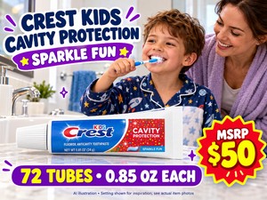 MSRP $50 NEW CREST KIDS CAVITY PROTECTION SPARKLE FUN TOOTHPASTE, MODEL 80297304, 1 CASE  72 TUBES, 0.85 OZ EACH - TRAVEL-SIZE FLUORIDE TOOTHPASTE FOR CHILDREN EXP 927