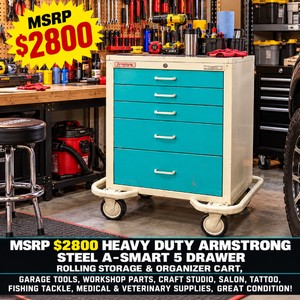 MSRP $2800 HEAVY DUTY ARMSTRONG STEEL A-SMART 5 DRAWER ROLLING STORAGE &amp ORGANIZER CART, GARAGE TOOLS, WORKSHOP PARTS, CRAFT STUDIO, SALON, TATTOO, FISHING TACKLE, MEDICAL &amp VETERINARY SUPPLIES, GREAT CONDITION