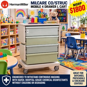 MSRP $1800 HERMAN MILLER MILCARE COSTRUC MOBILE 4 DRAWER L CART ENGINEERED TO WITHSTAND CONTINUOUS WASHING WITH HARSH, HOSPITAL-GRADE CHEMICAL DISINFECTANTS WITHOUT CRACKING OR DEGRADING #1 GREAT CONDITION