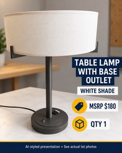 MSRP $180 TABLE LAMP WITH WHITE DRUM SHADE &amp BUILT-IN BASE OUTLETS, QTY 1 - DESK, BEDSIDE OR READING AREA LIGHTING GREAT WORKING CONDITION