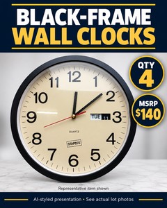 MSRP $140 BLACK-FRAME ANALOG WALL CLOCKS, QTY 4 - EASY-TO-READ TIME DISPLAYS FOR OFFICES, CLASSROOMS, BREAKROOMS &amp HOME - GREAT WORKING CONDITION