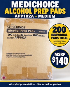 MSRP $140 NEW MEDICHOICE APP102A MEDIUM ALCOHOL PREP PADS, QTY 200 - 70% ISOPROPYL ALCOHOL, 2-PLY PADS, 1.19 X 2.63 INCHES