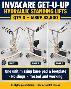 MSRP $3,900 INVACARE GET-U-UP HYDRAULIC SIT-TO-STAND PATIENT LIFTS, QTY 3 - 350-LB RATED CAPACITY EACH, ROLLING BASES, ONE UNIT MISSING PICTURED KNEE PAD &amp FOOTPLATE - GREAT FOR SPARE PARTS 2 SLINGS INCLUDE BUT NOT PICTURED