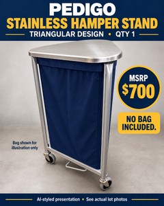 MSRP $700 PEDIGO STAINLESS STEEL TRIANGULAR LINEN  LAUNDRY HAMPER STAND, QTY 1 - FOOT-OPERATED HINGED LID &amp CASTERS FOR MOBILE LINEN COLLECTION, BAG NOT INCLUDED - MINOR WEAR ON TOP