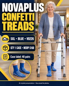 MSRP $160 NEW NOVAPLUS CONFETTI TREADS SLIP-RESISTANT SOCKS, 5X-LARGE BLUE, MODEL V0226, QTY 1 CASE - CASE LABEL SHOWS 48 PAIRS