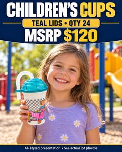 MSRP $120 NEW CHILDRENS DRINKING CUPS WITH TEAL LIDS &amp STRAWS, QTY 24 - BULK CUP LOT FOR HOME, CHILDCARE &amp ACTIVITY SPACES