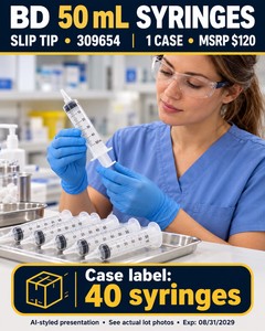 MSRP $120 NEW BD 309654 50 ML SLIP-TIP SYRINGES, QTY 1 CASE - LARGE-CAPACITY SYRINGES, CASE LABEL SHOWS 40 - EXP 08312029