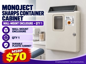 MSRP $70 NEW OPEN BOX MONOJECT WALL-MOUNT SHARPS CONTAINER CABINET, QTY 1 - ENCLOSURE FOR A COMPATIBLE SHARPS CONTAINER, KEEPS DISPOSAL SUPPLIES IN A DESIGNATED LOCATION