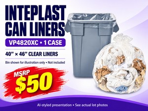 MSRP $50 NEW INTEPLAST CLEAR CAN LINERS, MODEL VP4820XC, 1 CASE - 40 X 46 TRASH BAGS FOR ROUTINE COMMERCIAL &amp FACILITY WASTE COLLECTION