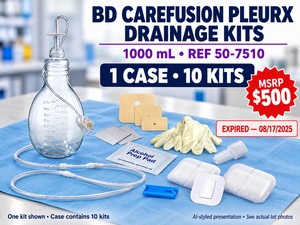 MSRP $500 BD CAREFUSION PLEURX DRAINAGE KITS, 1 CASE  10 KITS WITH 1000 mL VACUUM BOTTLES, REF 50-7510 - EXPIRED