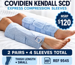 MSRP $120 COVIDIEN KENDALL SCD EXPRESS COMPRESSION SLEEVES, 2 PAIRS  4 SLEEVES, SMALL THIGH LENGTH, REF 9545 - EXPIRED